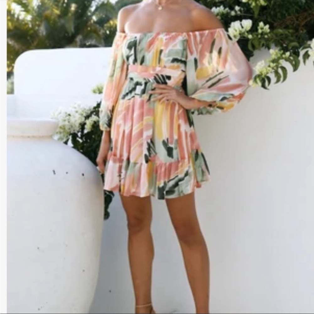 NWT Hello Molly Babydoll Dress Off Shoulder Balloon Sleeve Tie Back Paint Brush